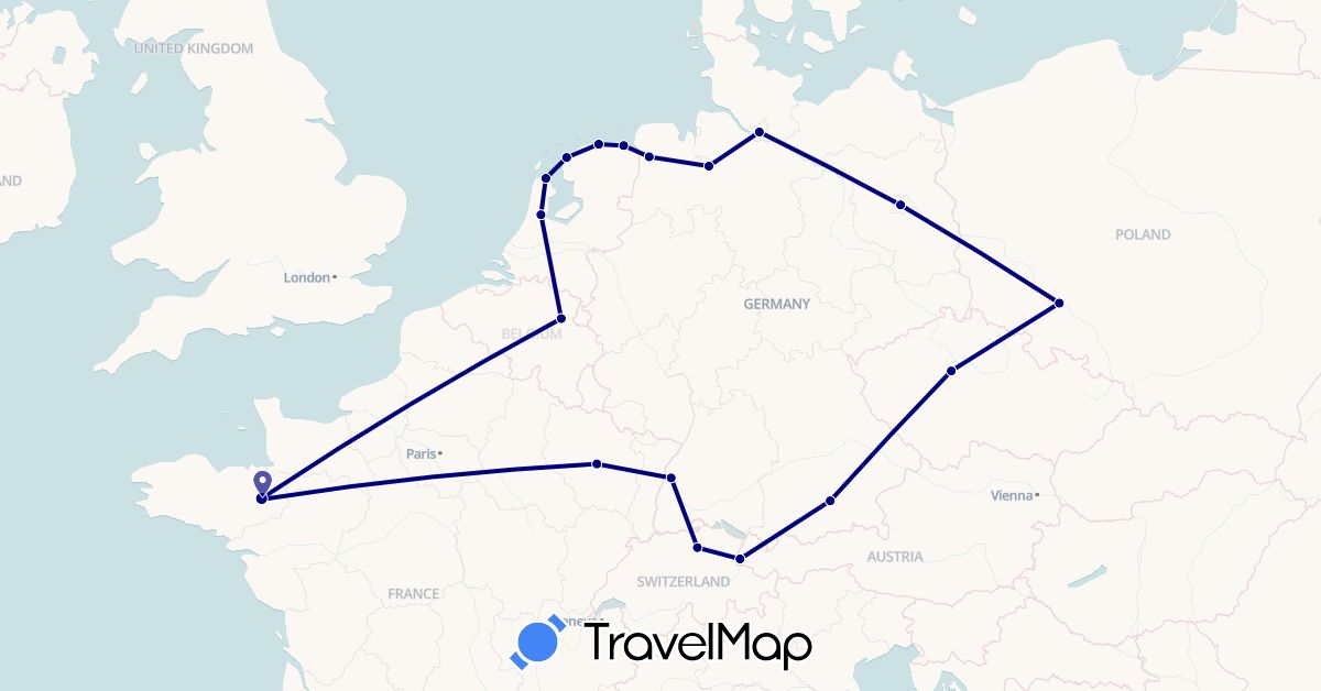 TravelMap itinerary: driving in Belgium, Switzerland, Czech Republic, Germany, France, Liechtenstein, Netherlands, Poland (Europe)